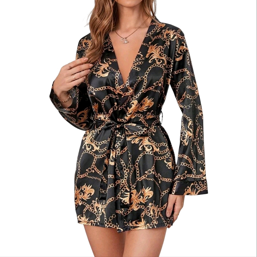 ⛓️ Baroque Chain Print Belted Satin Robe Size Small